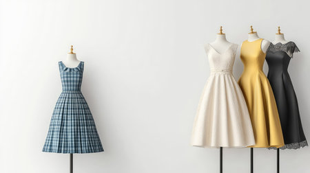 Classic and chic dresses on mannequins against a white backdrop, featuring ample space for textの素材