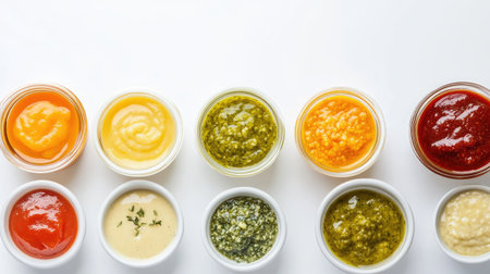 Close-up of different baby food options in bowls and jars, top view with space for textの素材