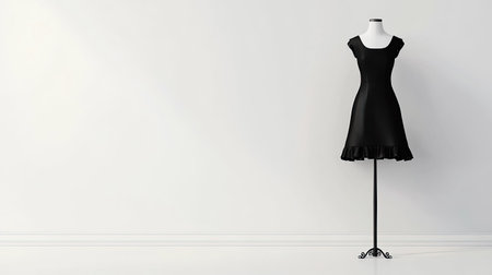 Modern dress on a mannequin with a clean white backdrop, featuring extensive space for text or document inclusionの素材