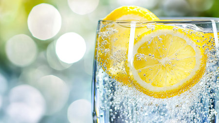 A glass of sparkling water with lemon slices, close-up with blurred backgroundの素材