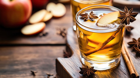 A glass of apple cider with cinnamon and a star aniseの素材