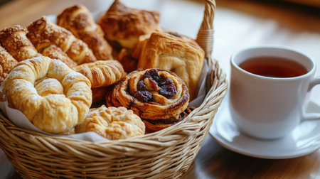 Close-up shot of a wicker basket with a variety of homemade pastries and a cup of tea, featuring ample copy spaceの素材