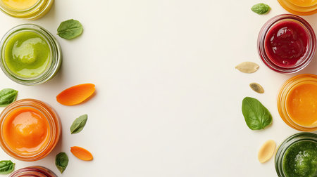 Top view of healthy baby food jars and bowls with ample copy space for textの素材
