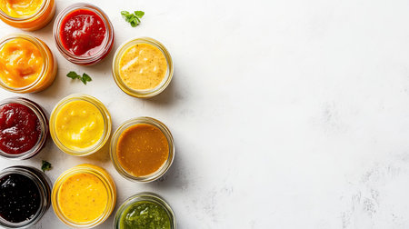 Top view of baby food jars and bowls with different flavors, ample space for adding textの素材