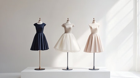 Classic and chic dresses on mannequins against a white backdrop, featuring ample space for textの素材