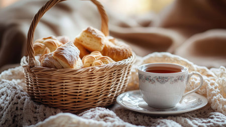 Close-up of a wicker basket filled with homemade pastries and a cup of hot tea on a saucer, with copy space availableの素材