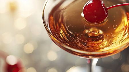 Close-up of a classic bourbon cocktail with a cherryの素材