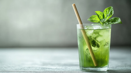 Chilled green tea in a glass with bamboo straw, close-up on a light backgroundの素材