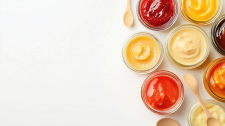Close-up of different baby food options in bowls and jars, top view with space for textの素材