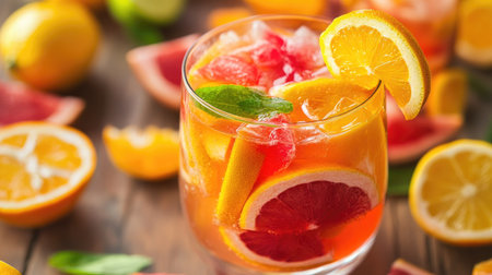 Fruit punch in a clear glass with slices of citrus fruitsの素材