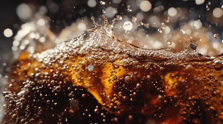 Ice-cold cola with a splash of bubbles, close-up on a metal surfaceの素材