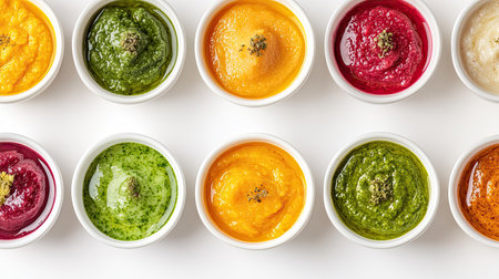 Assorted baby food flavors in bowls with a clean, white background, room for adding textの素材