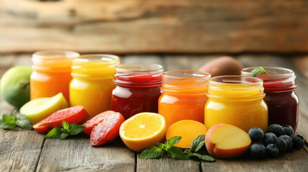 Selection of baby food jars and bowls with pureed fruits and vegetables, clean backgroundの素材