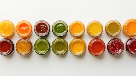 Top view of a selection of baby food jars with a clean background for adding textの素材