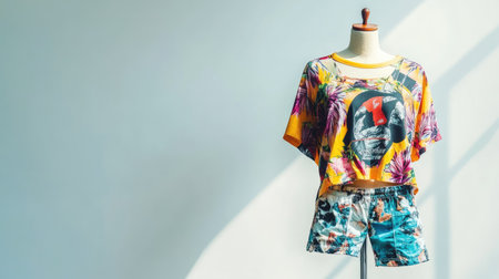 Trendy casual beachwear ensemble including a graphic tee and shorts on a dress form, with a plain white backgroundの素材