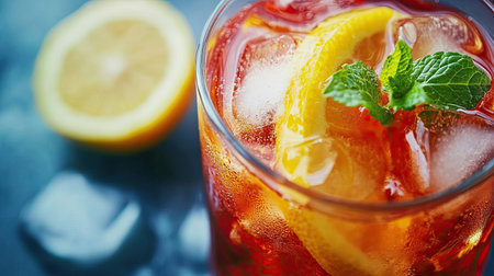 A glass of fruity iced tea with lemon and mint, close-upの素材
