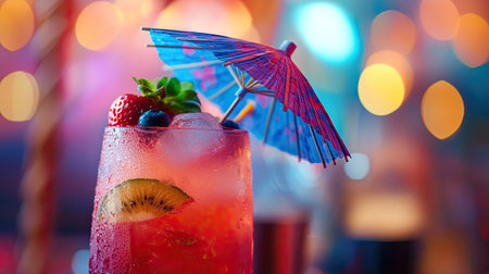 Close-up of a tropical cocktail with a colorful umbrella and fruitの素材