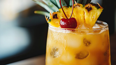 Close-up of a tropical cocktail with pineapple and cherry garnishの素材