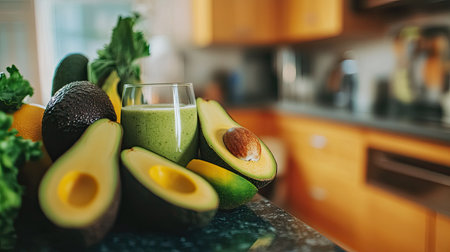 Smoothie with avocado and banana, close-up on a kitchen countertopの素材