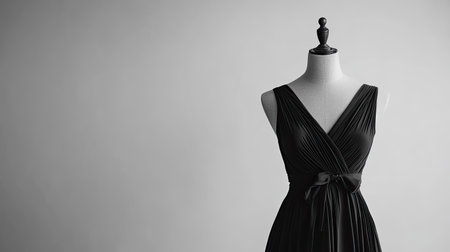 Trendy dress on a mannequin with a simple white background, featuring ample space for text or copy, with no people presentの素材