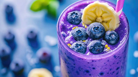 Smoothie with blueberries and banana, close-up on a bright backgroundの素材