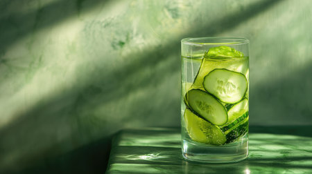 Refreshing cucumber and lime-infused water in a glassの素材
