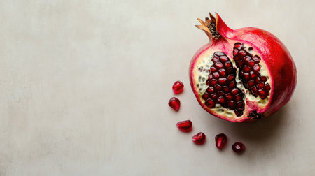 Cut open pomegranate with seeds visible, ample space for text aroundの素材