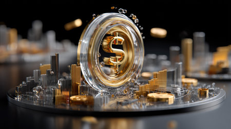 This captivating image features a 3D rendering of financial growth, showcasing gold and silver coins alongside dynamic graphs against a dark backdrop, illustrating investment potential.の素材