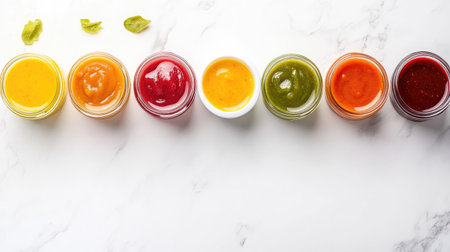 Top view of baby food jars and bowls with different flavors, ample space for adding textの素材