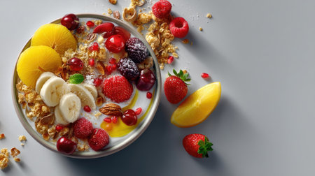A vibrant and healthy breakfast bowl filled with creamy yogurt, colorful fruits, and crunchy granola, perfect for a nutritious start to the day.の素材