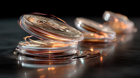 Captivating digital artwork of gleaming gold coins arranged in an elegant manner, showcasing reflections and dynamic lighting on a stylish surface.の素材