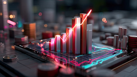A modern 3D data visualization featuring a growth chart, reflecting financial trends and technological advancements, perfect for business and analytics projects.の素材
