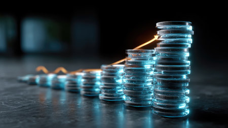 A visually striking image depicting stacks of glowing coins ascending in height, symbolizing financial growth and investment opportunities, emphasizing wealth and economic success.の素材