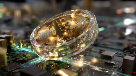 A stunning close-up of a golden Bitcoin coin, illuminated and placed on a microchip background. This artistic representation symbolizes the intersection of cryptocurrency and cutting-edge technology, evoking themes of financial innovation and digital advancement.の素材