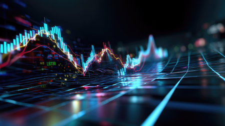 This image showcases an abstract visualization of stock market data with colorful graphs and flowing lines, representing digital financial trends.の素材