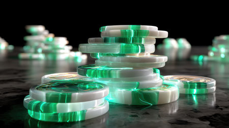 A striking arrangement of glowing casino chips stacked artfully on a dark surface, illuminated by vibrant green light effects, creating a dramatic visual impact.の素材