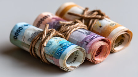 A close-up image of rolled currency tied with twine, resting on a smooth gray surface. This visual captures themes of finance, investment, and business transactions, making it ideal for use in financial contexts.の素材