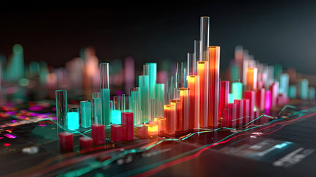This image showcases a striking data visualization with vibrant bar graphs and abstract analytics, ideal for presentations about finance and technology.の素材