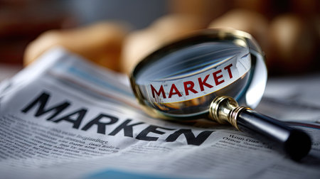 A close-up view of a magnifying glass enhancing the word "Market" on a newspaper. The image emphasizes observation and analysis in business contexts.の素材