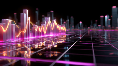 This abstract image captures the essence of market data visualization, featuring colorful bars and waves that represent financial trends in a modern setting.の素材