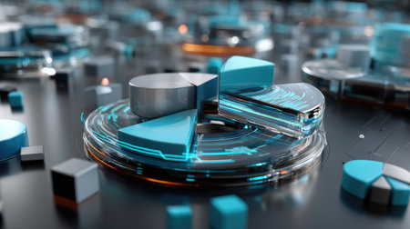 This artwork showcases a captivating abstract digital technology landscape featuring geometric shapes with blue accents on a dark reflective surface. Perfect for modern designs.の素材