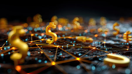 This image features golden dollar symbols interconnected by vibrant nodes against a dark background, symbolizing digital finance and modern economic networks.の素材