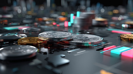 This image showcases a detailed close-up of digital coins resting on a futuristic circuit board, enhanced by glowing elements and modern aesthetics, perfect for financial and technology themes.の素材