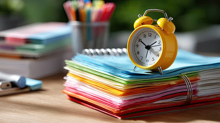 A vibrant scene featuring a yellow alarm clock on a colorful stack of paper, surrounded by various office supplies, perfect for illustrating productivity and organization.の素材
