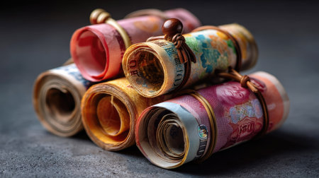 A collection of rolled currency notes, showcasing vibrant colors and intricate patterns, set against a dark textured surface, emphasizing financial themes.の素材