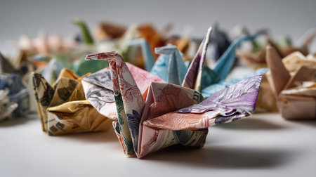 A stunning display of colorful origami cranes crafted from banknotes, showcasing a blend of artistic skill and financial themes in a striking composition.の素材