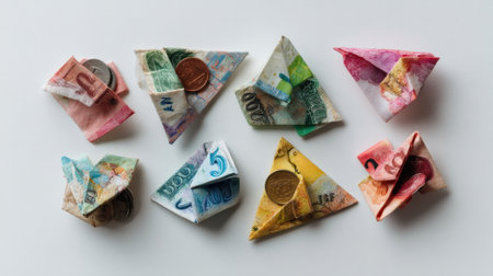 A vibrant collection of origami money creations featuring various currencies and coins, artistically arranged on a clean white background. Perfect for concepts of finance and creativity.の素材