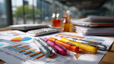 A vibrant workspace featuring colorful pens and financial charts on a wooden desk, complemented by a calculator for data analysis in a professional setting.の素材