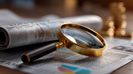 A close-up view of a magnifying glass resting on a newspaper featuring financial reports, with coins stacked in the background, symbolizing business analysis.の素材