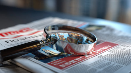 A magnifying glass rests on a newspaper, magnifying text while reflecting modern buildings, symbolizing detailed analysis and urban life.の素材